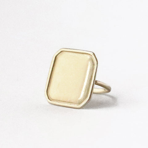 One of my favorite rings, and one of the pieces that I wear every single day. A large irregular octagonal ring that straddles the line between modern and old. The thin rounded band makes it supremely comfortable.